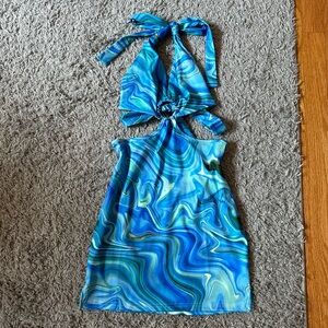 Marbled blue cutout mini dress
